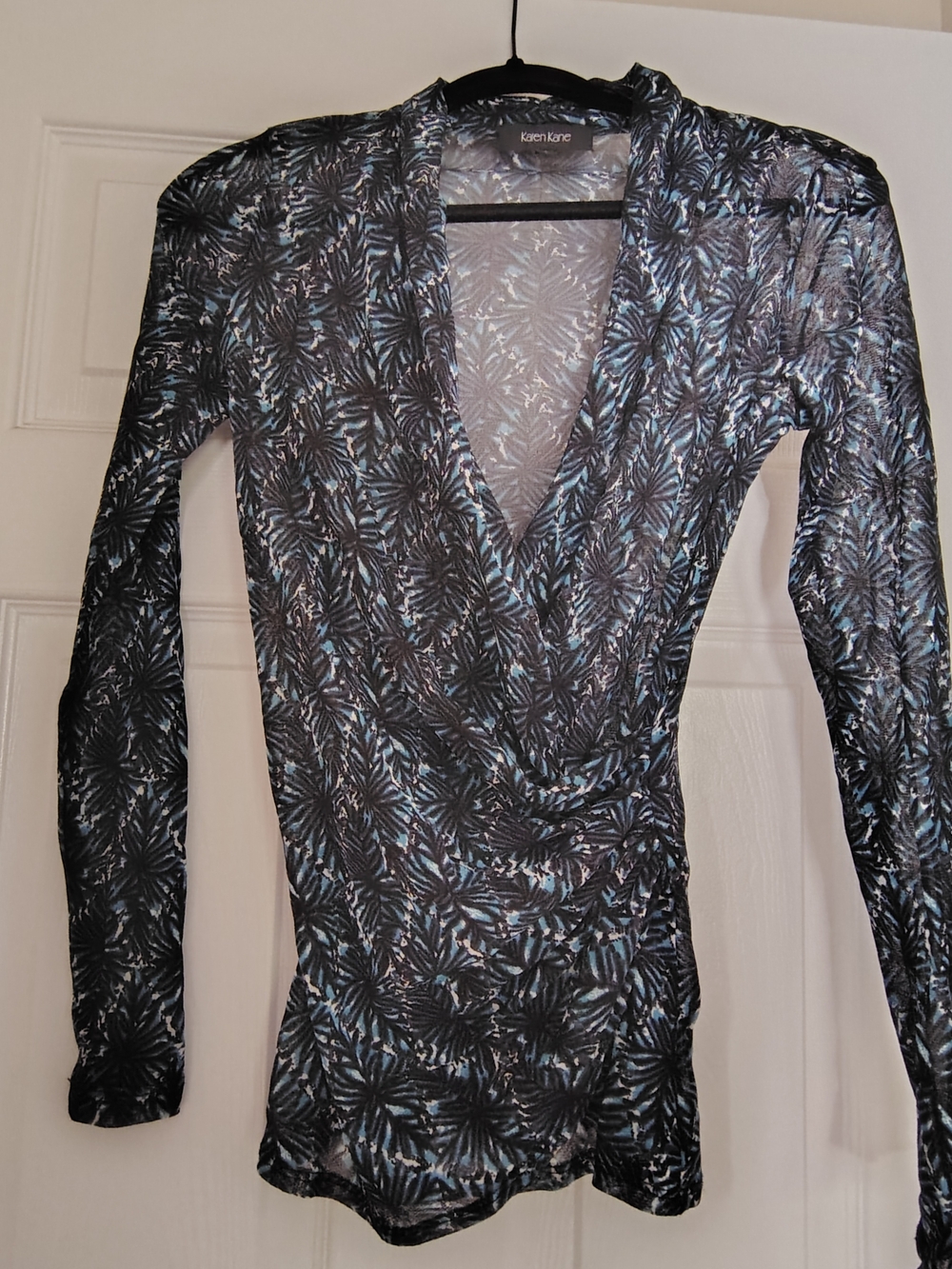 Karen Kane Black and Light Blue Printed Wrap-Style Long Sleeve Top